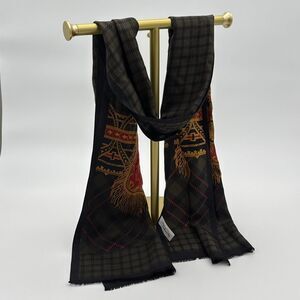 Vintage Silk Scarf Made in Japan Plaid Heraldic Crest Long Oblong 11x58 Dark Aca